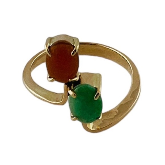 14K Yellow Gold Green and Orange Jadeite Ring Size 7 #15616